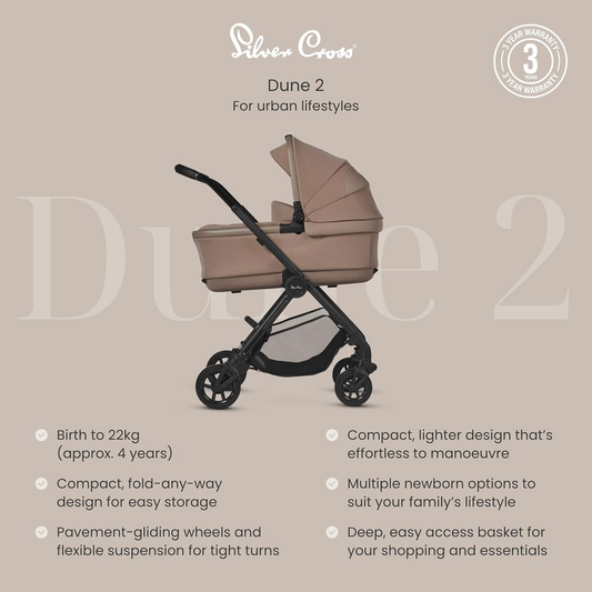 Silver Cross - Dune 2 Carrinho de bebé, berço para a primeira cama e pacote de acessórios - Carrinho de bebé compacto e sistema de viagem para estilos de vida urbanos - Recém-nascido a 4 anos (22 kg) - Mocha