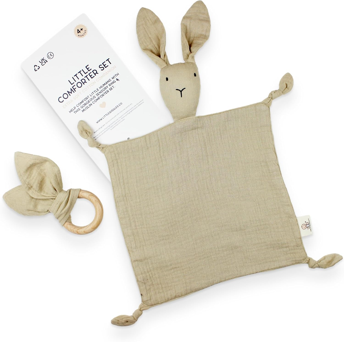 Little Giggles Co.® Bunny Baby Comforter - Edredão de musselina de algodão macio, manta de segurança e brinquedo sensorial em bege natural - presentes neutros para bebés recém-nascidos