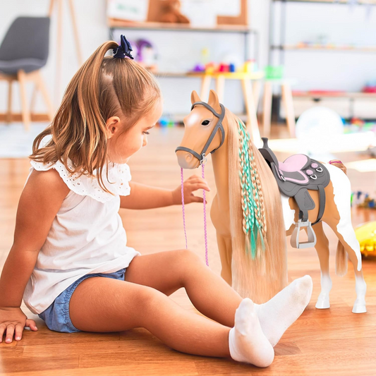 Our Generation Palomino Paint Horse – Cavalo de brinquedo de 50 cm com crina e cauda loiras compridas – Inclui conjunto de acessórios de 6 peças