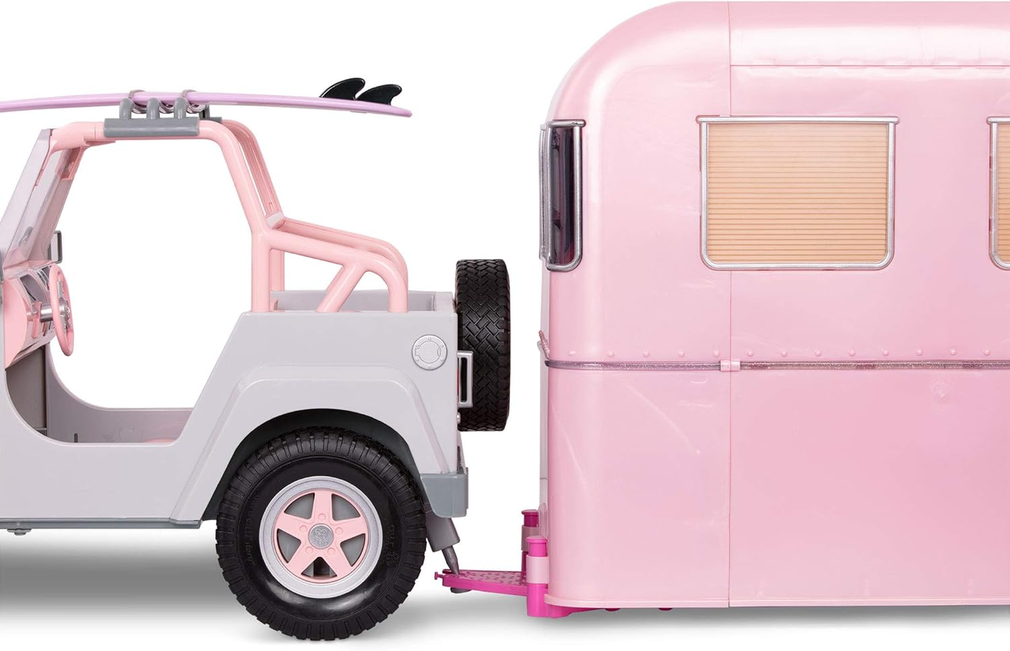 Our Generation OG Off Roader – Conjunto de veículos 4x4 para bonecas de 18 polegadas, veículo com tema de praia com prancha de surf, carro rosa salmão, luzes de trabalho, limpa-para-brisas, altifalantes, jogo realista