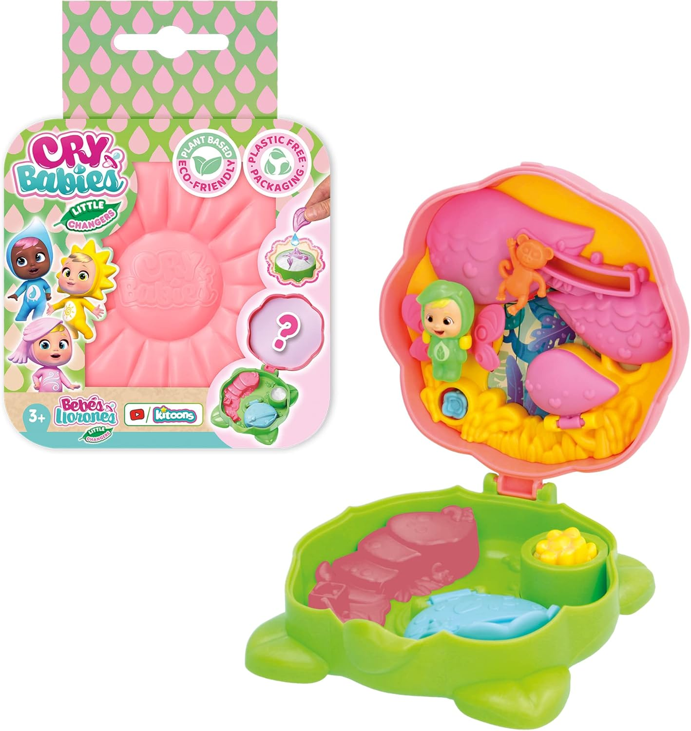 CRY BABIES Little Changers Greeny Cápsula colecionável em forma de Flor que inclui uma mini boneca, uma pipeta e um folheto +3 anos