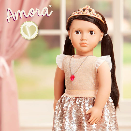 A Nossa Geração – 18 polegadas – Boneca de moda inicial com tema de amor – Amora – Cabelo castanho e olhos castanhos – 3 roupas e acessórios de estilo em caixa de presente – Brincadeira de faz de conta para maiores de 3 anos