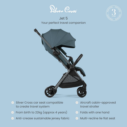 Silver Cross - Jet 5 Compact Carrinho de passeio Saco para os pés - Carrinho de viagem - Carrinho de passeio/sistema de viagem dobrável e leve - Tamanho da cabine - Compatível com cadeira auto - Recém-nascido a 4 anos - Mineral