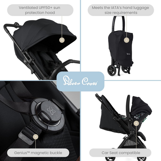 Silver Cross - Jet 5 Compact Travel System Ultimate Bundle - Carrinho de viagem, cadeira auto Dream i-size, tabuleiro para snacks e suporte para telefone - Carrinho de bebé dobrável leve - Tamanho da cabine - Recém-nascido a 4 anos - Espaço