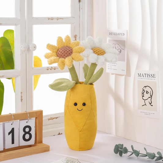 Vaso de peluche com margaridas e cordeiro damasco, flores de peluche para crianças, brinquedos de peluche fofos e macios para bebés, menina e menino, vaso de margaridas fofo amarelo 13,8 polegadas