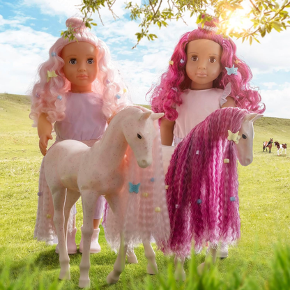 Boneca e Cavalo Elara e Lumina da Nossa Geração - Dupla de Boneca e Penteado de Potro de 18 polegadas, Cabelo Rosa, Brinquedo de Pentear Potro, Acessórios de Cabelo, Macacão Lilás, Para Crianças a partir dos 3 Anos