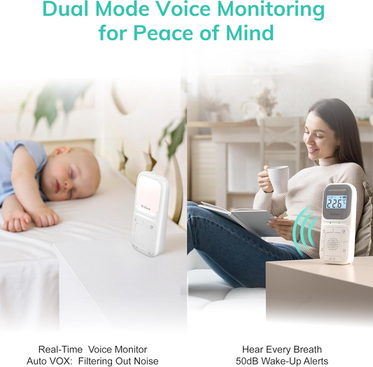 Monitor áudio portátil para bebés e máquina de som Dr.Care NeoGo | Unidades duplas para bebés, alcance de 300 metros, conversação bidirecional, VOX, luz noturna, canções de embalar e alerta vibratório | Ideal para viagens e registo de bebé