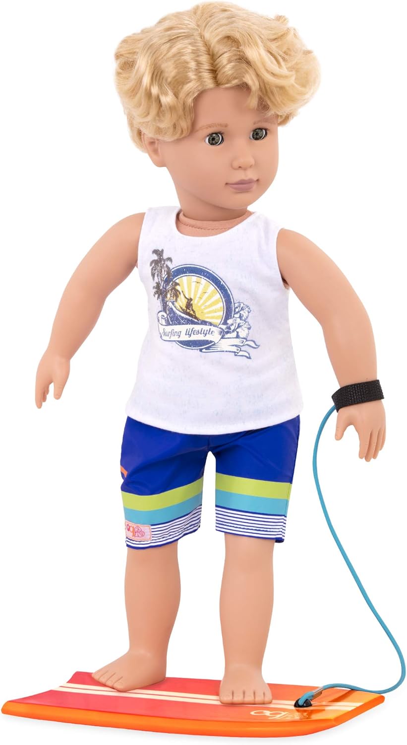 Boneca Game Boy Our Generation 31197 com prancha de surfe, creme, azul, laranja, azul