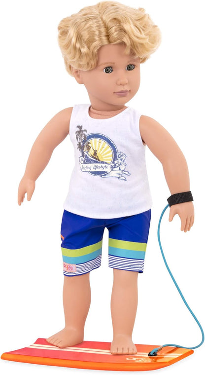 Boneca Game Boy Our Generation 31197 com prancha de surfe, creme, azul, laranja, azul