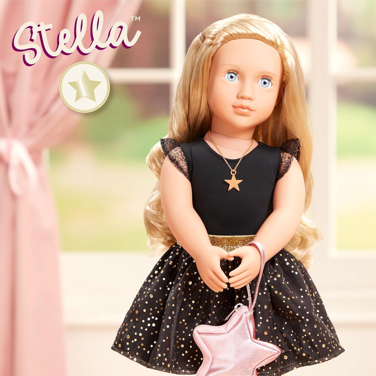 A Nossa Geração – Boneca Starry Fashion Starter de 45 cm – Stella – Cabelo loiro e olhos azuis – 3 roupas e acessórios de estilo em caixa de oferta – Brincadeira de faz de conta para maiores de 3 anos