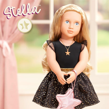 A Nossa Geração – Boneca Starry Fashion Starter de 45 cm – Stella – Cabelo loiro e olhos azuis – 3 roupas e acessórios de estilo em caixa de oferta – Brincadeira de faz de conta para maiores de 3 anos