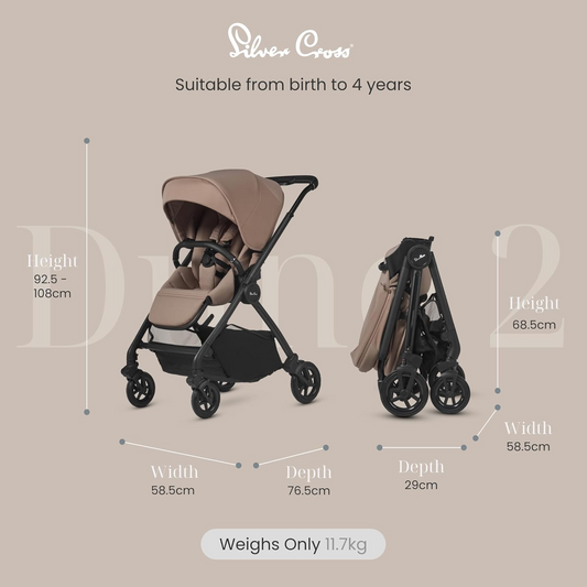 Silver Cross - Dune 2 Carrinho de bebé e alcofa First Bed - Carrinho de bebé compacto e sistema de viagem para estilos de vida urbanos - Recém-nascido a 4 anos (22 kg) - Espaço