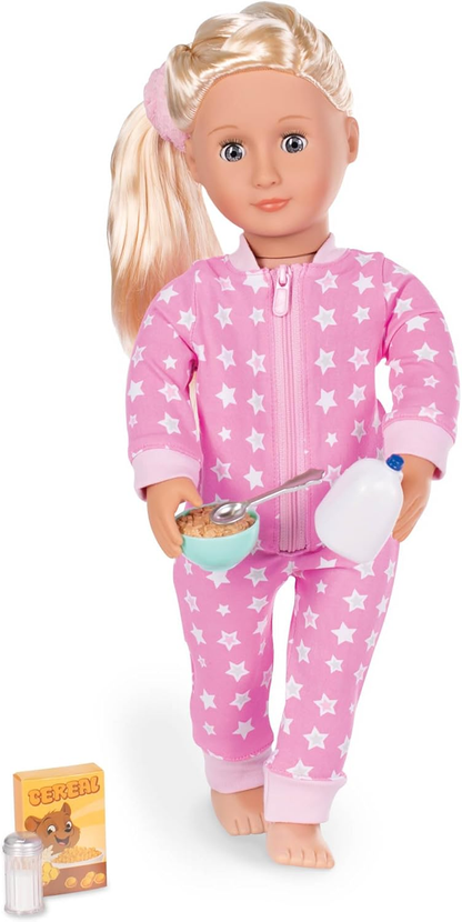 Conjunto de pijama divertido Our Generation Onesies - Pijama rosa divertido para bonecas de moda de 45 cm - Conjunto de 7 peças de roupa de dormir e acessórios