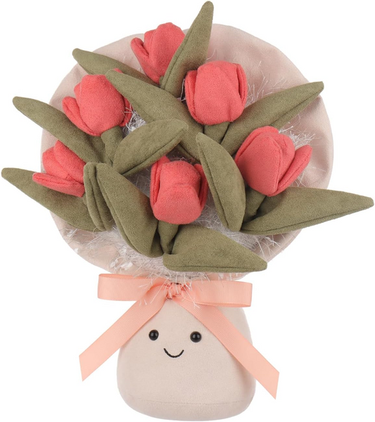 Bouquet de tulipas de cordeiro damasco, peluches para crianças, brinquedos de peluche fofos e macios para bebés, menina e menino, bouquet de tulipas fofas vermelhas de 11,9 polegadas