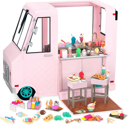 Camião de gelados Sweet Stop da Our Generation (rosa) – Conjunto de carrinha de gelados para bonecas de 45 cm – Inclui 129 acessórios