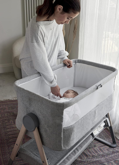 Berço de cabeceira Lua Mamas & Papas, berço amovível, laterais rebatíveis, inclui colchão, 0-6 meses, cinzento