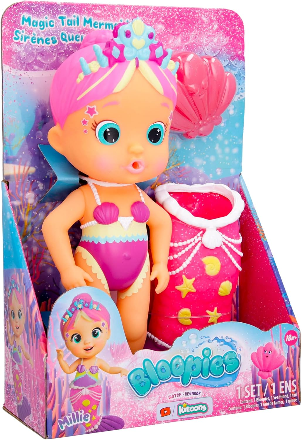 BLOOPIES Magic Tail Mermaids Boneca Millie Mermaid com cauda brilhante removível e o seu amigo marinho; Esguicha água e faz bolhas - Brinquedo de banho e brincadeira para meninos e meninas