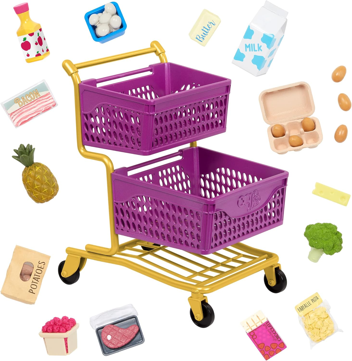 A Nossa Geração – Conjunto de compras de supermercado – Comida de brincar – Acessórios para bonecas de 45 cm – Brincadeira de faz de conta – Crianças a partir dos 3 anos – Carrinho de compras no mercado