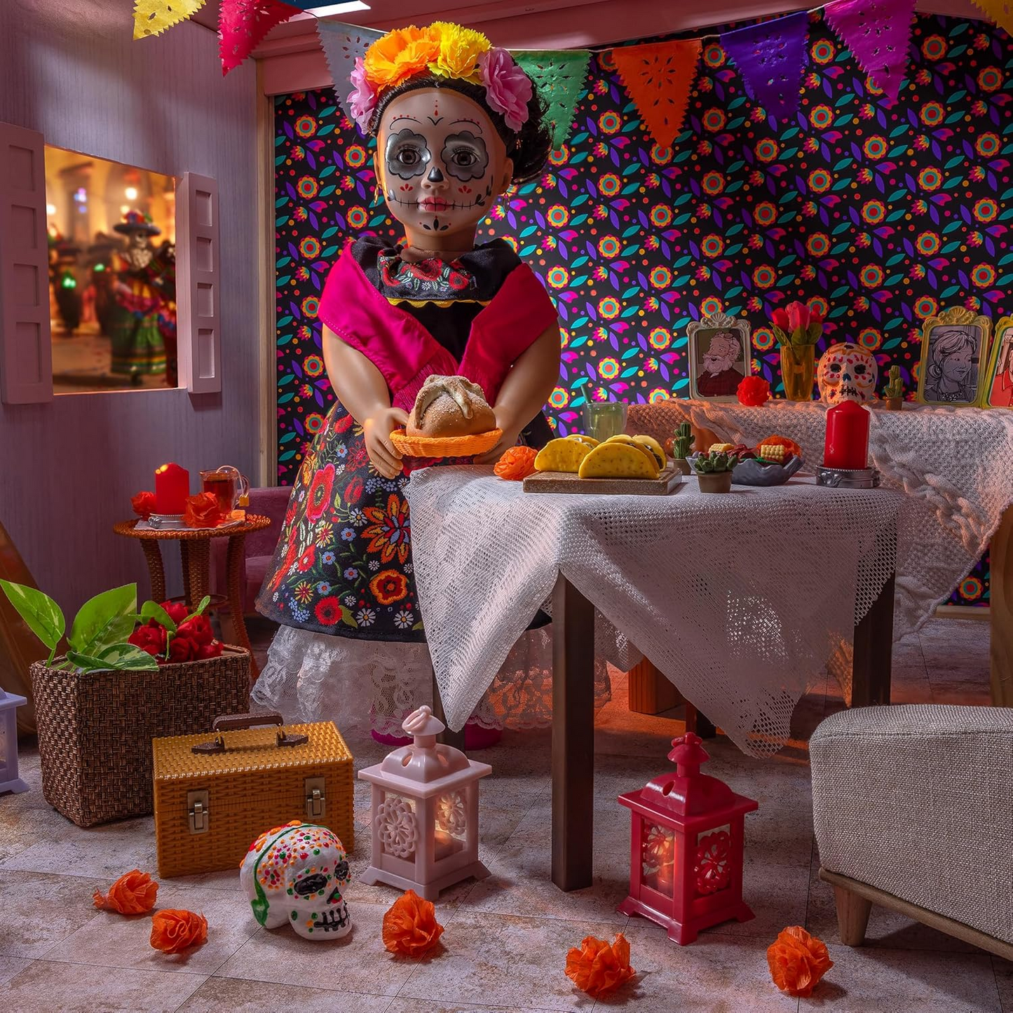 A Nossa Geração – Boneca Día de los Muertos Edição Especial de 45 cm – Coroa de Flores e Pintura Facial Assinatura Calavera – Vestido Autêntico com Detalhes Florais – Esperanza