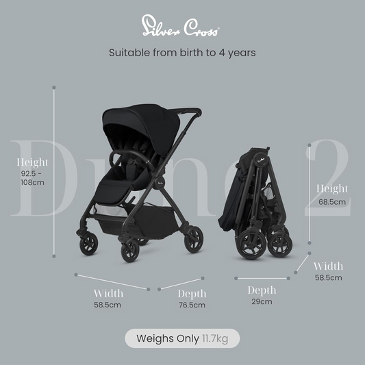 Silver Cross - Dune 2 Pushchair Ultimate Bundle, First Bed Carrycot, Pacote de acessórios, Dream i-Size Car Seat e Motion All Size - Sistema de viagem para estilos de vida urbanos - Recém-nascido a 4 anos (22 kg) - Espaço