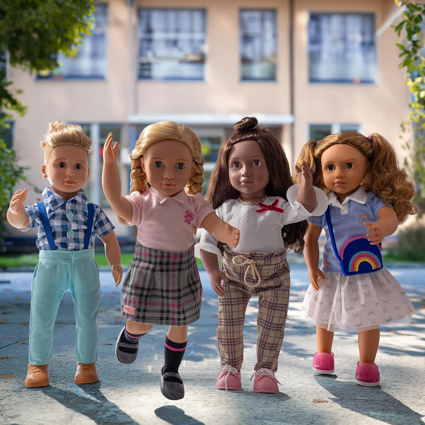 Fato da Academia Arco-Íris da Nossa Geração – Uniforme escolar multicolorido com acessórios arco-íris para bonecas de 45 cm – Conjunto de roupa de 5 peças