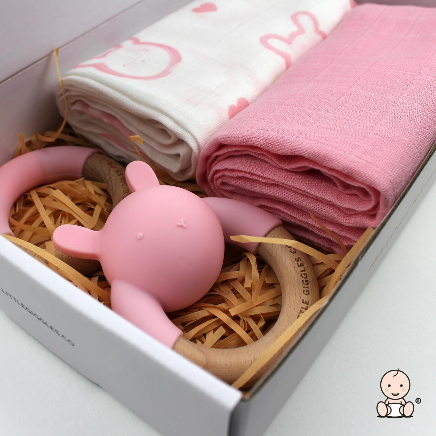 Little Giggles Co.® Conjunto de Brinquedos para Bebé – Inclui chocalho sensorial, anel de dentição calmante e panos grandes de musselina macia 100% algodão. Essenciais para recém-nascidos e ideia perfeita de presente para chá de bebé.