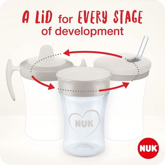 Conjunto NUK Learn to Drink com copo de treino para alunos (6M+) | Copo com palhinha Magic Cup 360° (8M+) e copo Action Cup para criança (12M+) | 230 ml | Livre de BPA | Cinza e Branco