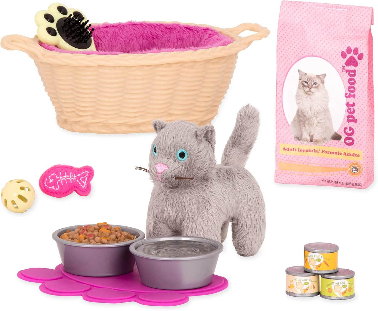 Conjunto de acessórios para gatos Our Generation Cat Pet – Acessórios para cuidados com gatos de estimação para bonecas de 45 cm – Conjunto de 13 acessórios para animais de estimação