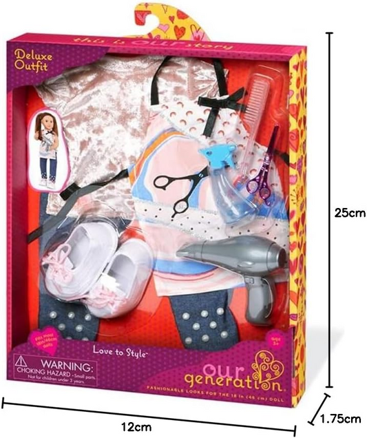 A nossa geração adora estilizar o traje – Traje de cabeleireiro de luxo com acessórios de estilista para bonecas de 45 cm – Conjunto de 9 peças de roupa e acessórios de penteado
