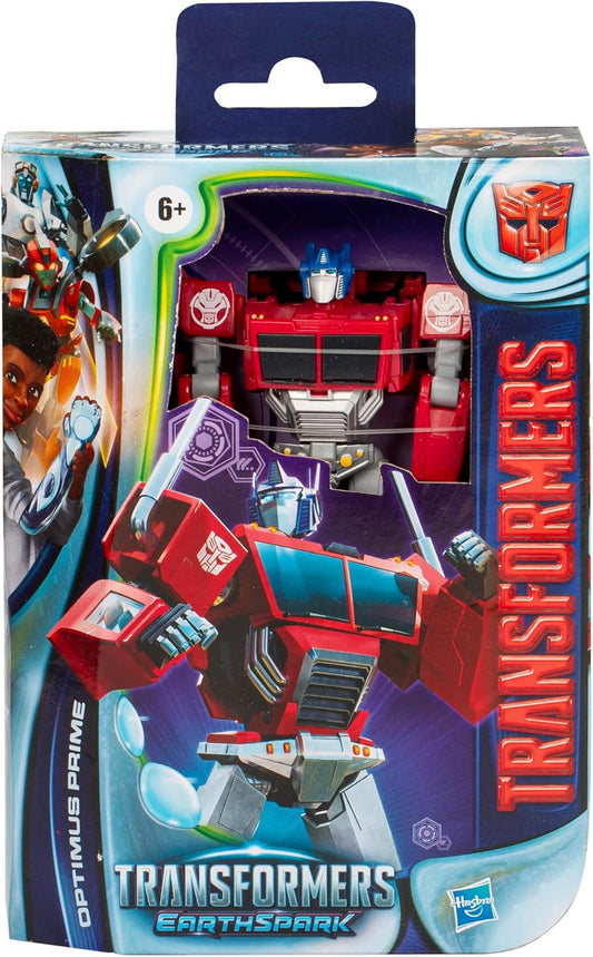 Transformers Toys EarthSpark Deluxe Class Optimus Prime, figura de ação convertível de 12,5 cm, brinquedo de carro robô colecionável para meninos e meninas a partir dos 6 anos