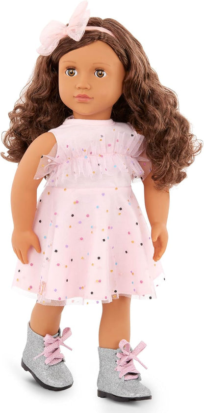 Nossa Geração – Roupas de boneca de 18 polegadas – Vestido de festa com estampa de confete – Acessórios para faixa de cabeça e botas – Brincadeira de faz de conta – Brinquedos para crianças de 3 anos ou mais – Rosa e colorido