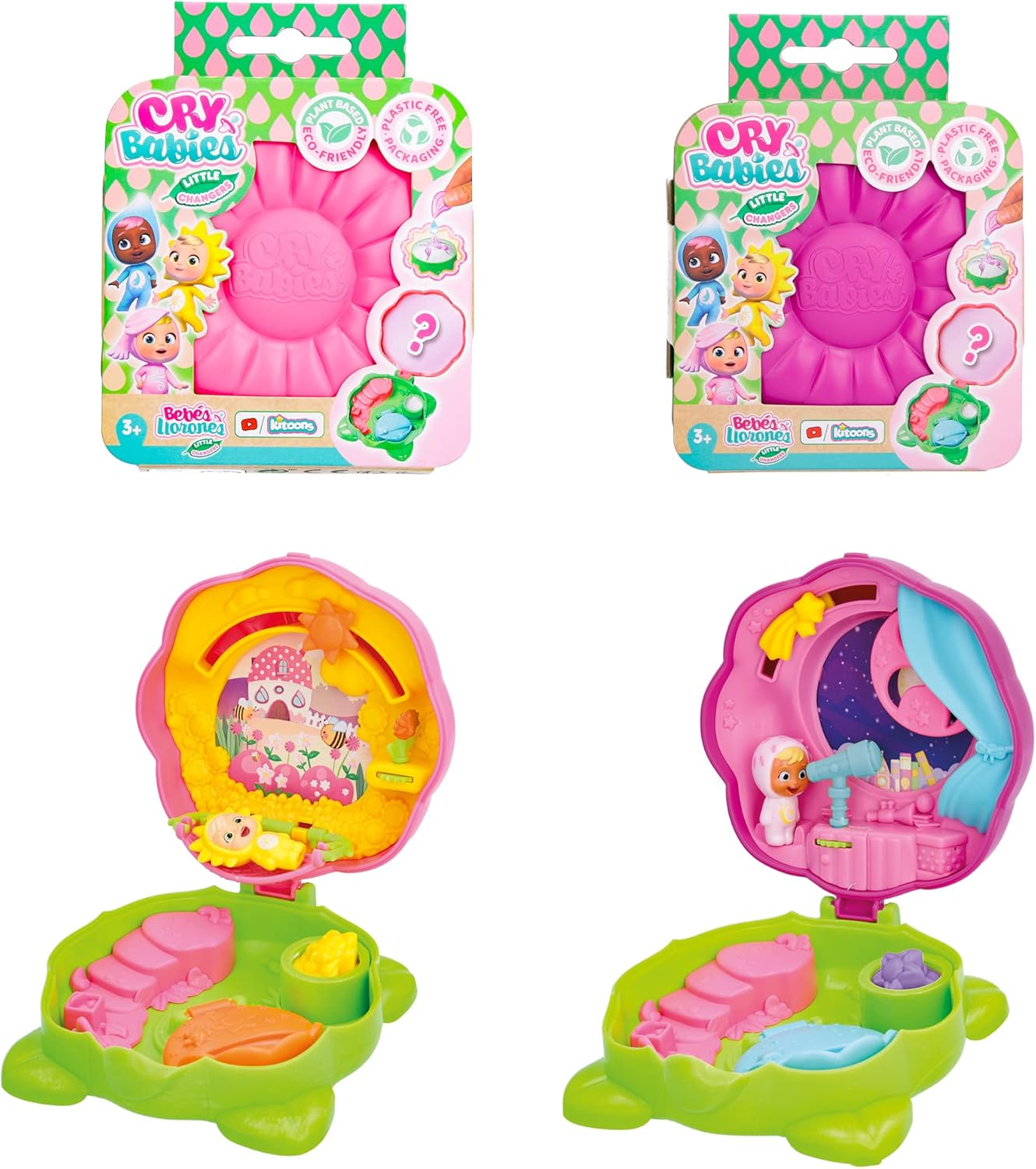 CRY BABIES Little Changers Sunny & Moon Pack de 2 cápsulas colecionáveis em forma de flor que inclui duas mini bonecas, duas pipetas e dois folhetos +3 anos