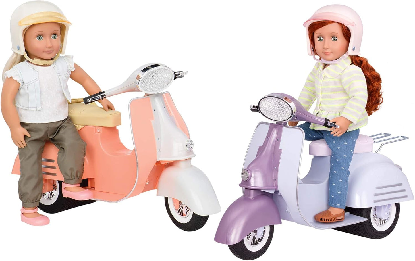 Scooter Ride in Style da Our Generation, roxo e azul - acessório de veículo para bonecas de 45 cm, trotinete de brinquedo com capacete a condizer, para crianças a partir dos 3 anos