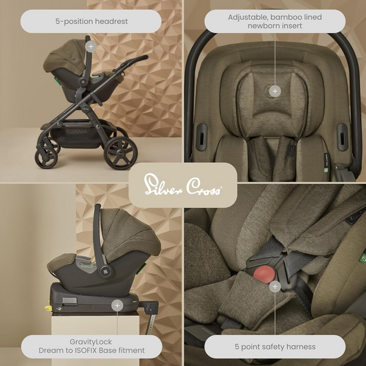 Cruz de Prata | Canguru para Bebé Dream i-Size | Cadeira de bebé para carro | Cadeira auto Isofix Travel | Cinto de segurança de 5 pontos | Recém-nascidos - 15 meses | Cedro