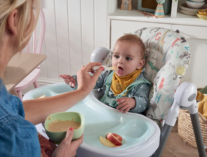Cadeira de refeição ajustável Mamas & Papas Snax, reclinável, dobrável com tabuleiro amovível, Happy Planet