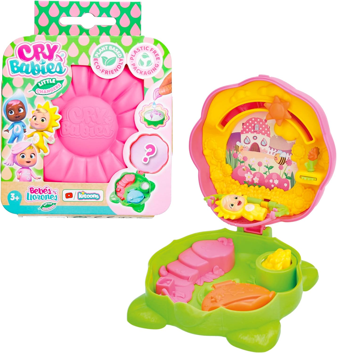 CRY BABIES Little Changers Sunny Cápsula colecionável em forma de Flor que inclui uma mini boneca, uma pipeta e um folheto +3 anos