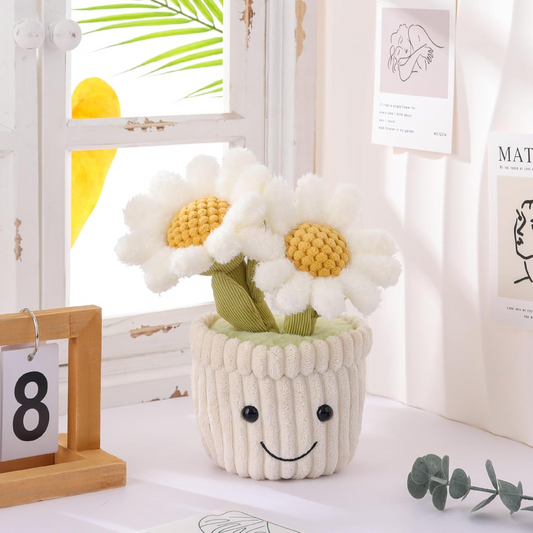 Brinquedo de peluche macio de planta de margarida de cordeiro damasco, vaso de flores branco de peluche, peluche kawaii para crianças, 10"