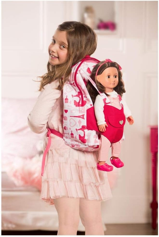 Mochila Hop On Carrier com estampado de festa Our Generation – Mochila infantil rosa com cinto de segurança frontal em forma de coração para bonecas de 45 cm – Mochila infantil funcional e fácil de limpar