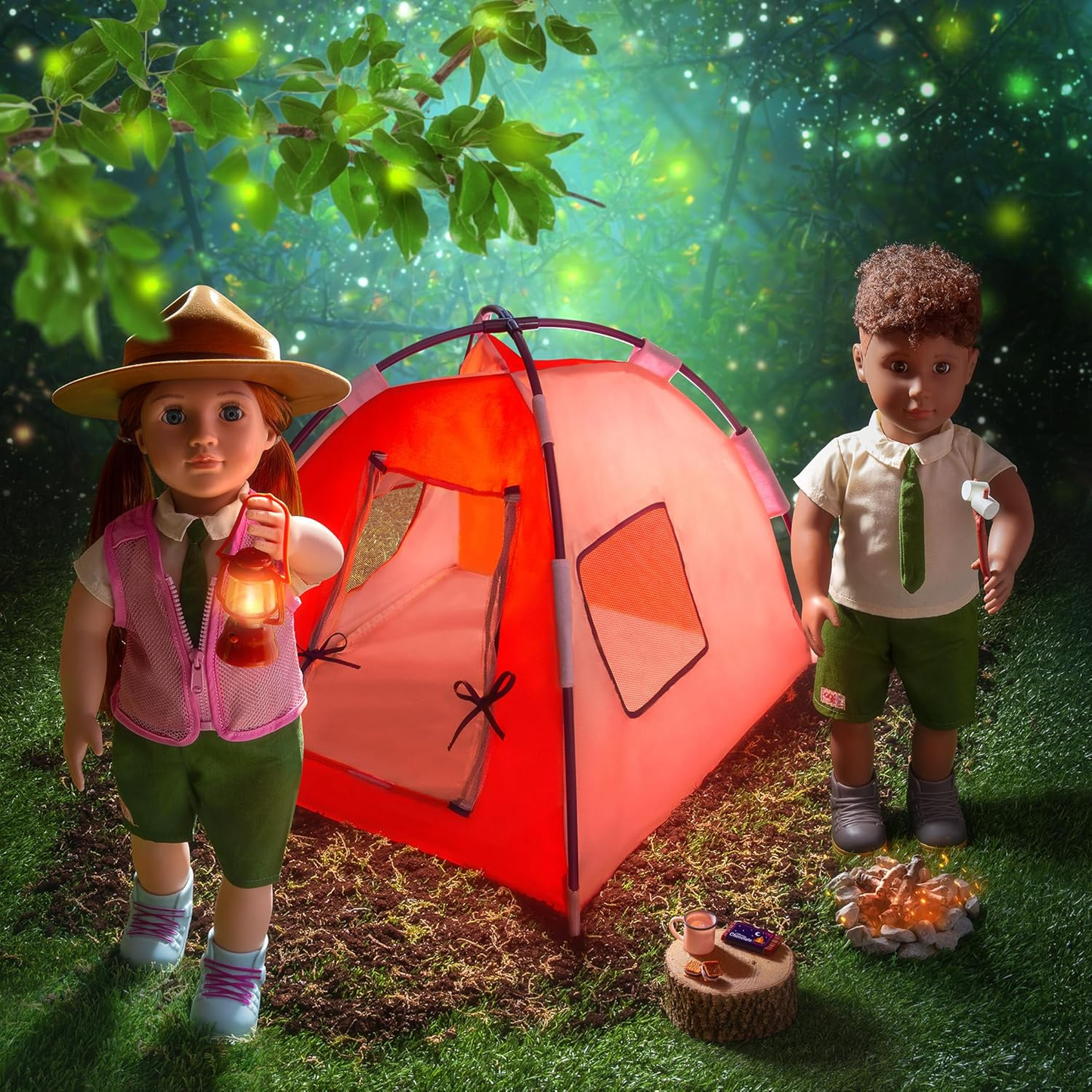 Our Generation Night Camp – Tenda de fácil montagem e acessórios de campismo para bonecas de 45 cm – Conjunto de campismo com 21 peças