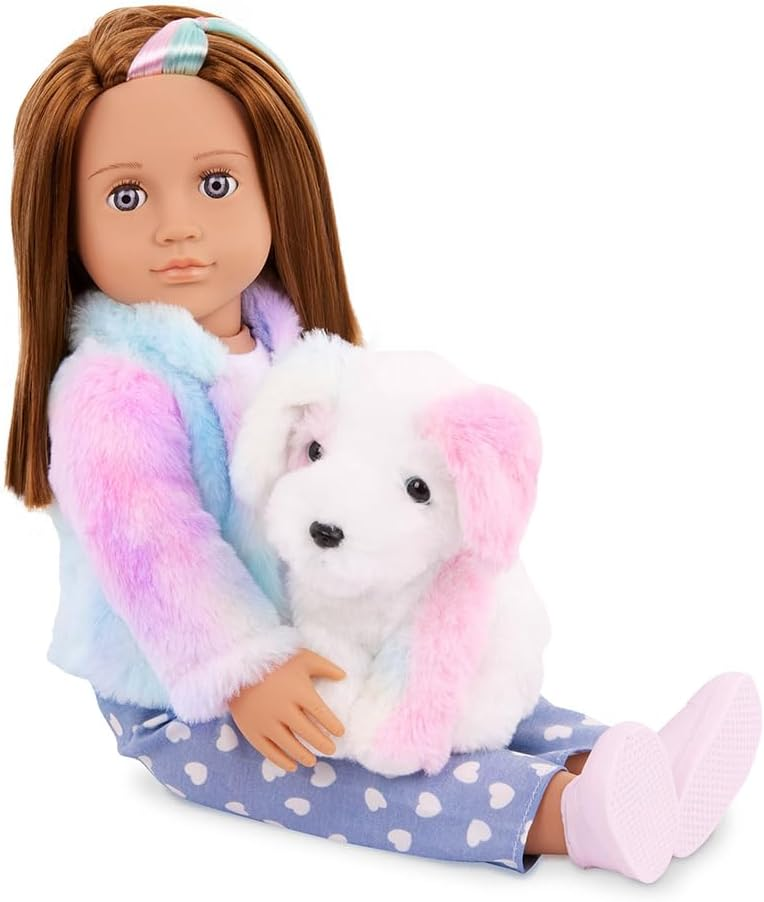 Our Generation – Conjunto de boneca de 45 cm e cachorro – Peluche arco-íris – Acessórios para cuidados com animais de estimação – Brincadeira de faz de conta – Brinquedos para crianças a partir dos 3 anos – Skylar e Bow