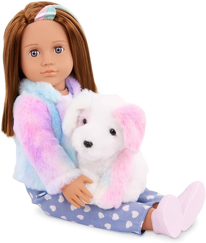 Our Generation – Conjunto de boneca de 45 cm e cachorro – Peluche arco-íris – Acessórios para cuidados com animais de estimação – Brincadeira de faz de conta – Brinquedos para crianças a partir dos 3 anos – Skylar e Bow