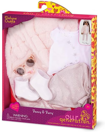 A Nossa Geração – Fato com Casaco de Pele Sintética Rosa – Acessórios de Moda – Roupa para Bonecas de 18 Polegadas – Brincadeiras de Faz de Conta – Brinquedos para Crianças a Partir dos 3 Anos – Elegante e Peludo