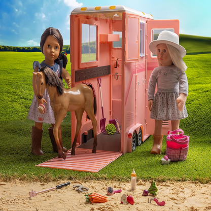 O nosso atrelado de atração Generation Mane – Conjunto de brinquedos com atrelado para cavalos de 45 cm – Conjunto de brinquedos com tema de cavalos de 21 peças