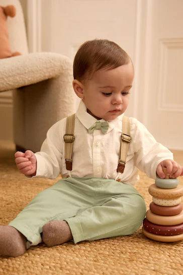 |BabyBoy| Conjunto De 3 Peças De Camisa, Calças e Suspensórios Para Bebê (0 meses a 2 anos)
