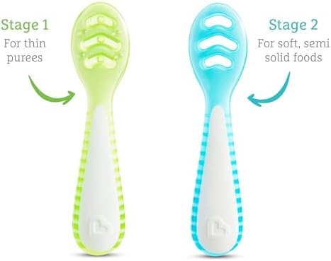 Colheres de Introdução Alimentar em Estágios Munchkin Gentle Dip | Para Bebês a partir de 4 Meses | Ideal para Baby-Led Weaning (BLW) | Design Ergonômico | Livre de BPA | Azul e Verde | Kit com 3