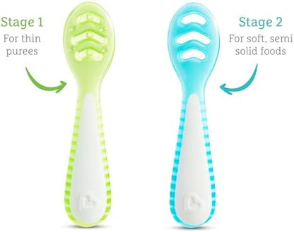 Colheres de Introdução Alimentar em Estágios Munchkin Gentle Dip | Para Bebês a partir de 4 Meses | Ideal para Baby-Led Weaning (BLW) | Design Ergonômico | Livre de BPA | Azul e Verde | Kit com 3
