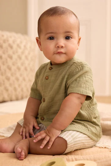 |BabyBoy| Conjunto de Camisa e Shorts Para Bebê Verde Sálvia (0 meses a 2 anos)