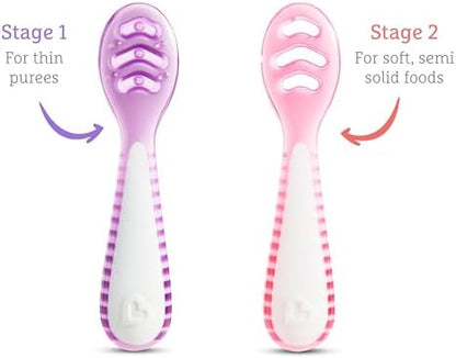 Munchkin Colheres de Introdução Alimentar em Estágios Gentle Dip | Para Bebês a partir de 4 Meses | Ideal para Baby-Led Weaning (BLW) | Design Ergonômico | Livre de BPA | Rosa e Roxo | Kit com 3
