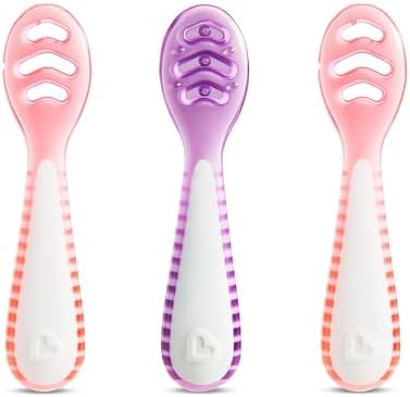 Munchkin Colheres de Introdução Alimentar em Estágios Gentle Dip | Para Bebês a partir de 4 Meses | Ideal para Baby-Led Weaning (BLW) | Design Ergonômico | Livre de BPA | Rosa e Roxo | Kit com 3