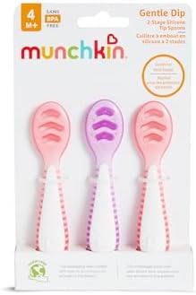 Munchkin Colheres de Introdução Alimentar em Estágios Gentle Dip | Para Bebês a partir de 4 Meses | Ideal para Baby-Led Weaning (BLW) | Design Ergonômico | Livre de BPA | Rosa e Roxo | Kit com 3